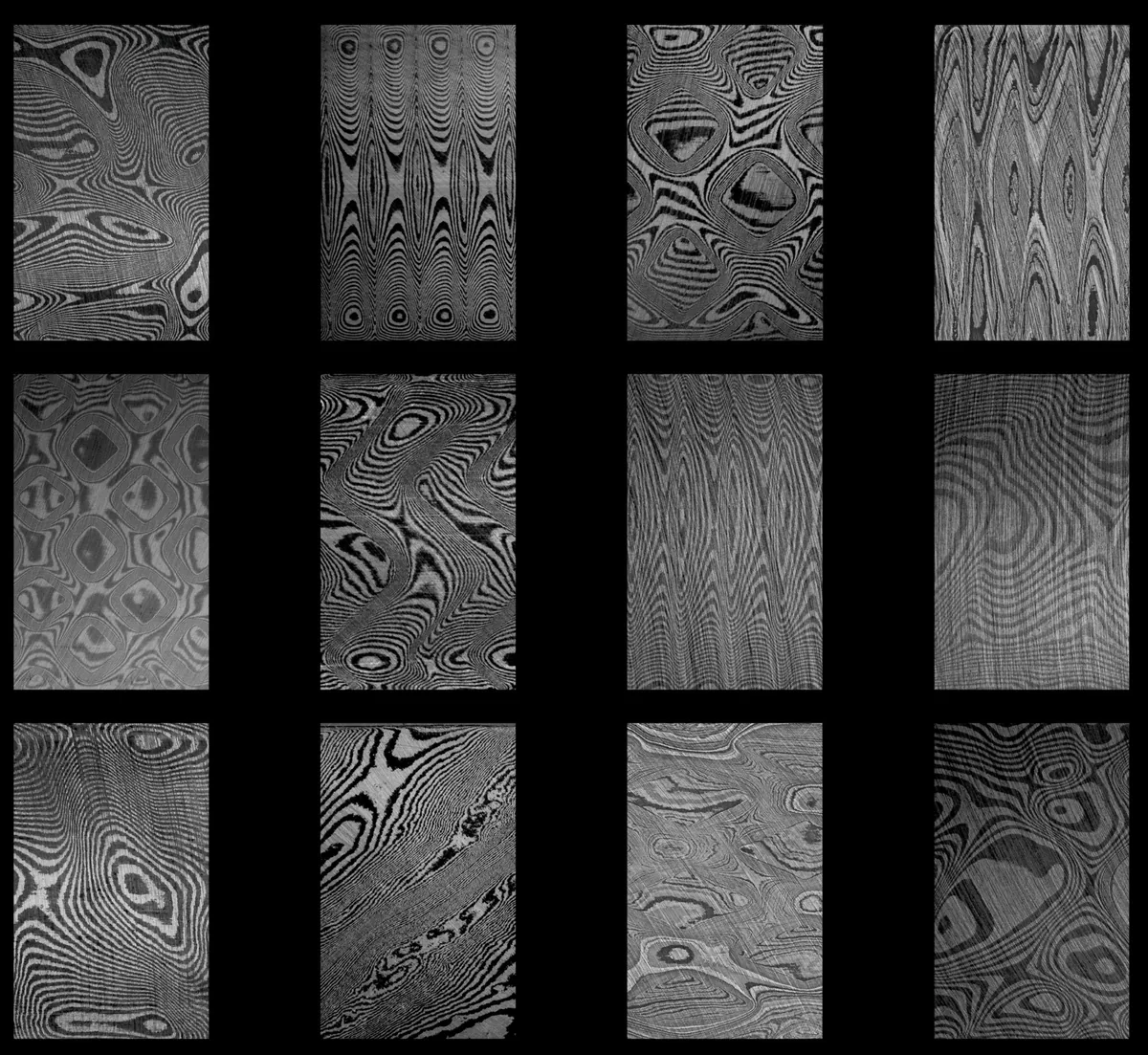 A grid of twelve Damascus patterns forged and etched by BALBACHDAMAST